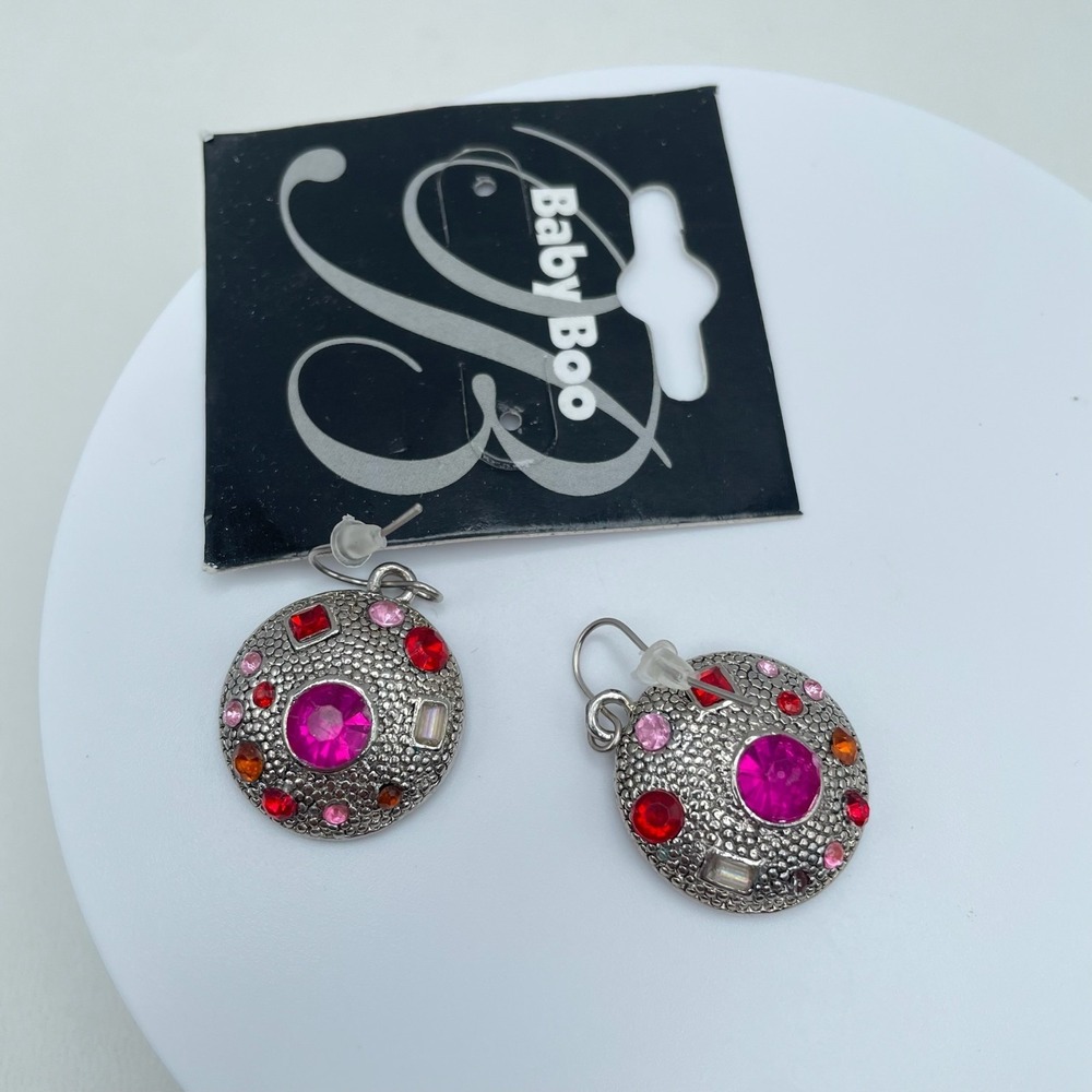 Vintage 90s Baby Boo Pink & Red Glass Silver Tone Round Dangle Earrings Fashion